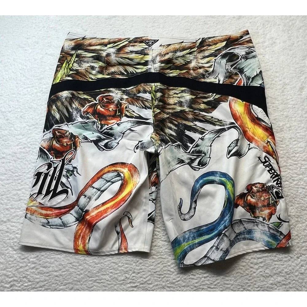 VTG O’Neill Board Shorts Mens 38 Super Freak Tattoo Skull AOP Surfer Y2K Grunge